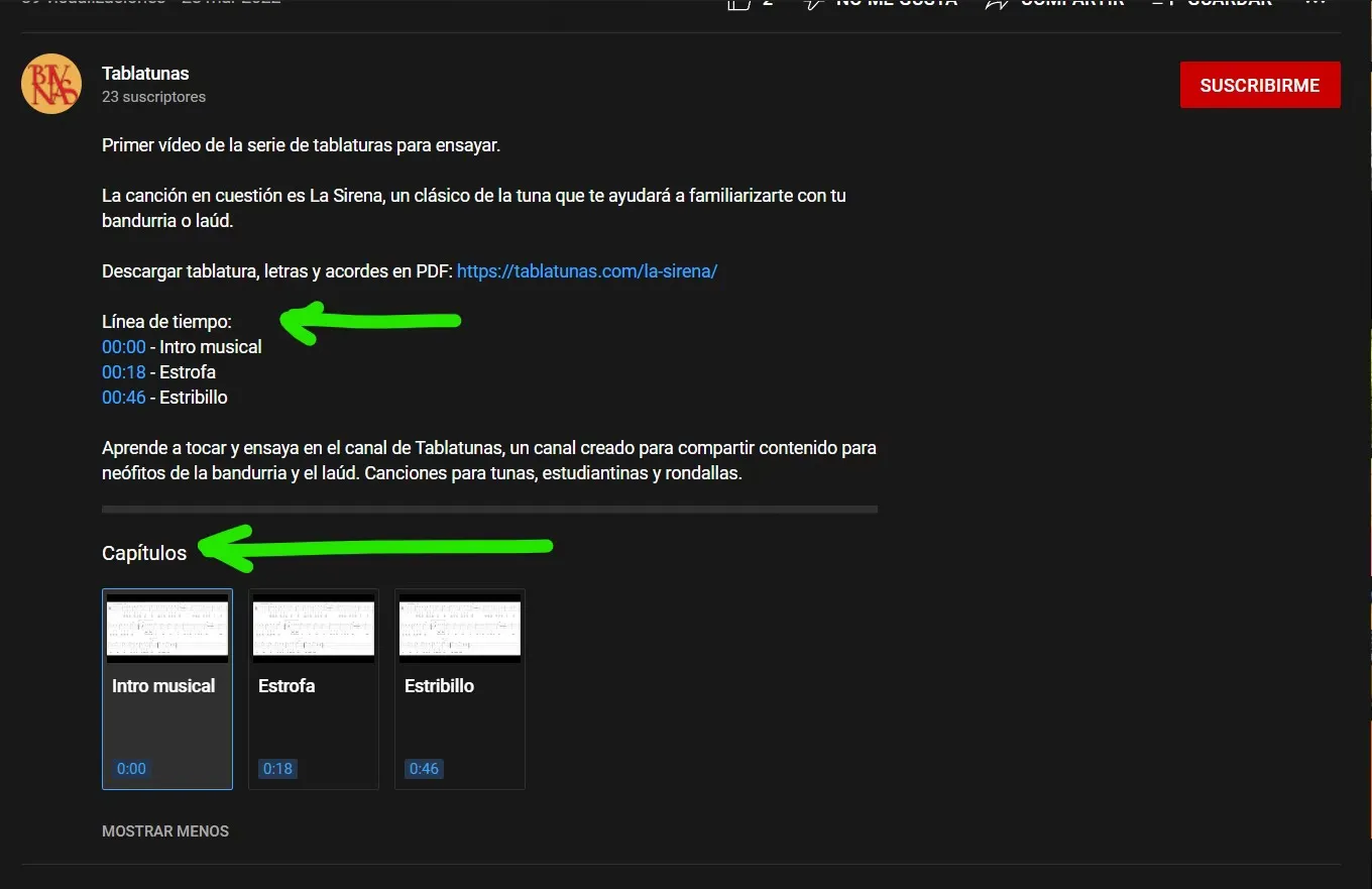 Descripción de un vídeo con capítulos y enlace a Tablatunas