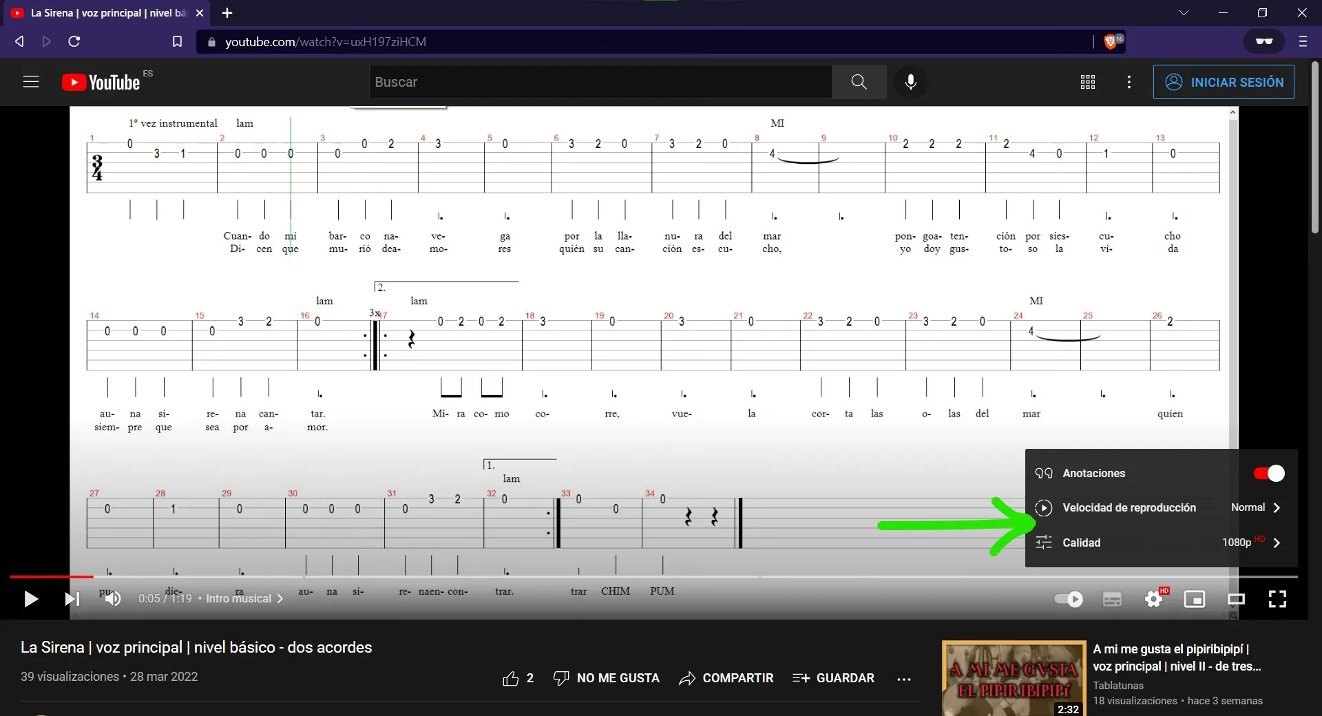 Menú de YouTube con las opciones de calidad y velocidad de reproducción