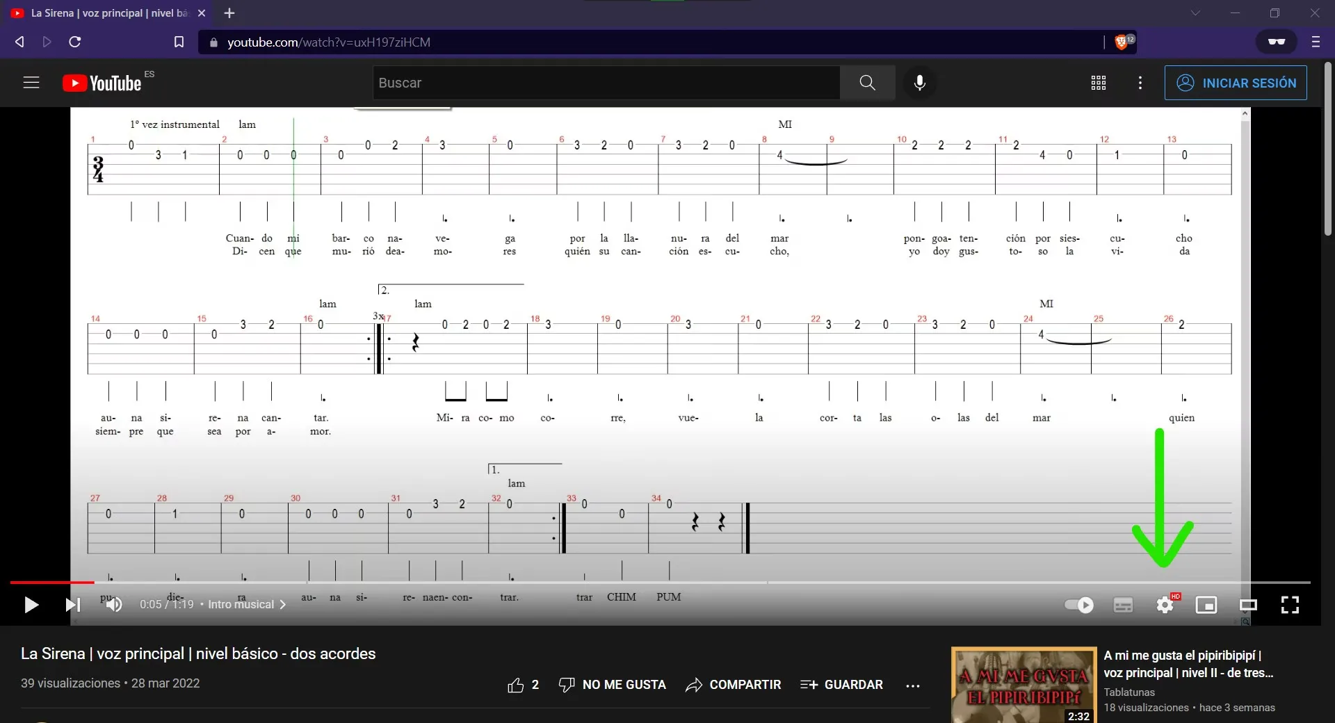 Ubicación del icono de configuración en un vídeo de ensayo de Tablatunas